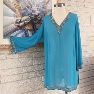 Roman Sheer Beaded Trim Coverup Tunic Top